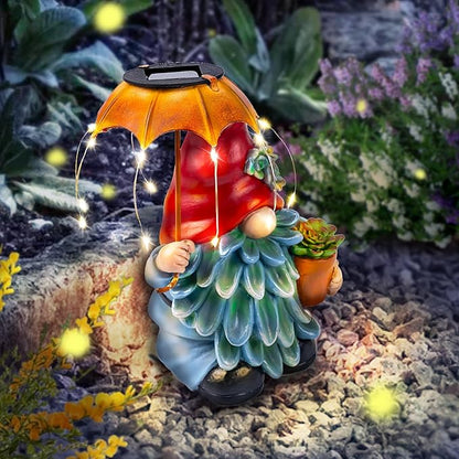 Solar Outdoor Statues Gnome Garden Decor, Garden Gnome with Solar LED Umbrella Decorative for Patio, Balcony, Lawn, Yard Ornament - Unique Gardening Gifts for Mom Grandma