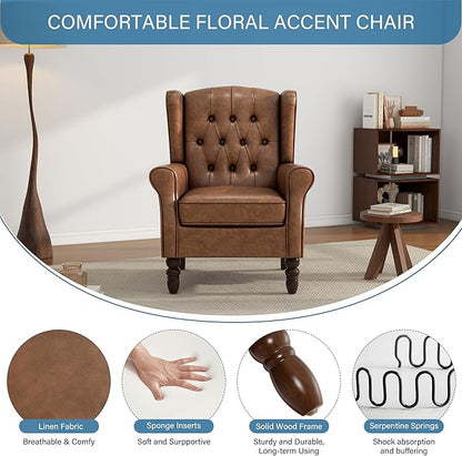 UIXE Faux Leather Accent Chairs Set of 2, High Back Upholstered Armchair for Living Room, Wingback Tufted Arm Chair Comfy Single Sofa Bedroom Reading Seat with Solid Wood Legs - Brown