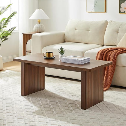 Rectangular Fluted Coffee Table, Farmhouse Wood Coffee Table Mid Century Modern Center Table Boho Living Room Tables for Living Room Office (Walnut, 19.69" D x 43.3" W x 17.72" H)
