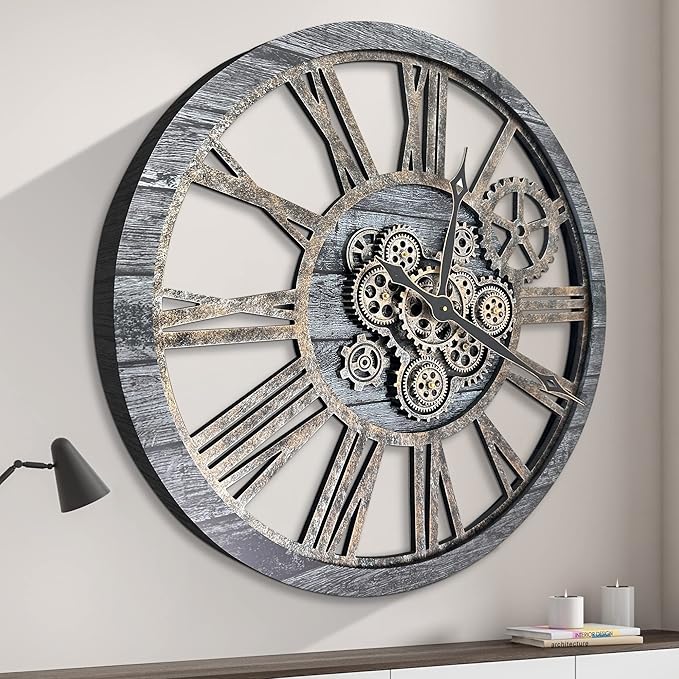 HOIBAI Large Wall Clock, Wall Clocks for Living Room Decor 36 Inch Farmhouse Vintage Rustic Kitchen Wall Decor Vintage Roman Oversized Wall Clock for Home Bedroom House, Moving Gears Clock