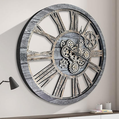 HOIBAI Large Wall Clock, Wall Clocks for Living Room Decor 36 Inch Farmhouse Vintage Rustic Kitchen Wall Decor Vintage Roman Oversized Wall Clock for Home Bedroom House, Moving Gears Clock