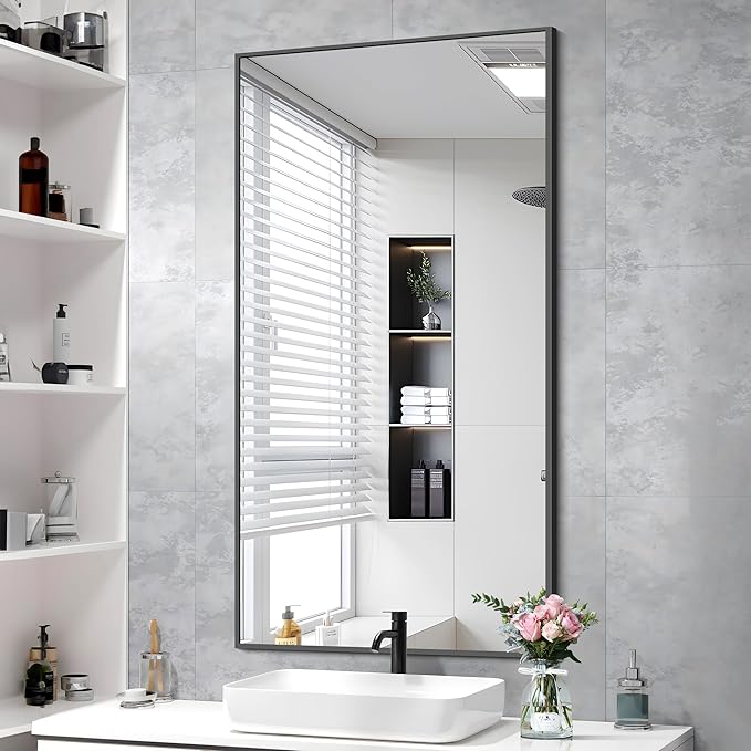 48x24In Black Bathroom Mirror for Wall, Rectangle Mirrors with Metal Frame, Bathroom Rectangular Mirror Modern Wall Mirror for Bedroom Living Room, Entryway Hangs Horizontal or Vertical