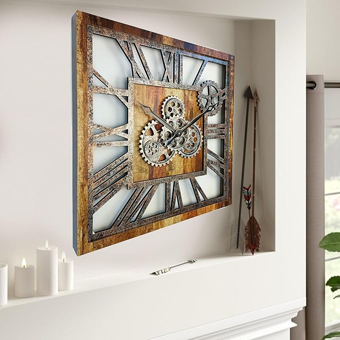 The Gears Clock 24'' Inch Square Real Moving Gear Wall Clock Vintage Industrial Oversized Rustic Farmhouse (Vintage Brown)