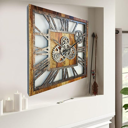 The Gears Clock 24'' Inch Square Real Moving Gear Wall Clock Vintage Industrial Oversized Rustic Farmhouse (Vintage Brown)