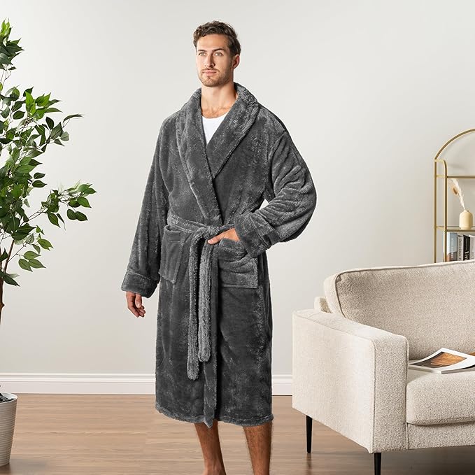PAVILIA Mens Soft Robe, Plush Fluffy Fleece Bathrobe Men, Long Sherpa Shaggy Spa Robe