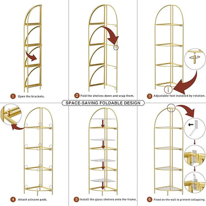 Crofy Foldable 4 Tier Corner Shelf, Metal Corner Plant Stand with Gold Frame and Transparent Shelves, Corner Display Rack Multipurpose Shelving Unit for Living Room, Bedroom, Bathroom