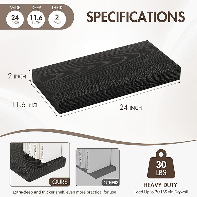 24 Inch Floating Shelves, 12" Deep Floating Shelf Wall Mounted, 24" Wall Shelves, Rustic Deep Bookshelf, Extra Deeper & Thicker Display Shelves for Bedroom, Living Room, Black, Set of 2