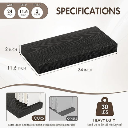 24 Inch Floating Shelves, 12" Deep Floating Shelf Wall Mounted, 24" Wall Shelves, Rustic Deep Bookshelf, Extra Deeper & Thicker Display Shelves for Bedroom, Living Room, Black, Set of 2