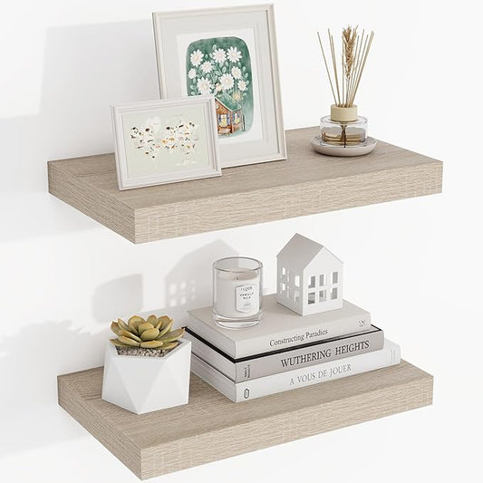 16 Inch Floating Shelves, 3D Textured Wood Grain, 16"x9.25"x1.5" Inch Deep Floating Shelves for Wall, Wooden Shelves for Bathroom, Bedroom, Living Room, Vintage White Oak, 2 Pieces