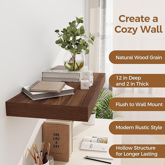 12 Inch Deep Floating Shelves, 24 x 12 Floating Shelf for Books, Rustic Wood Deep Wall Shelves for Home Storage & Display, 2" Thicked Shelves for Kitchen, Living Room, Bedroom, Walnut Color, 1 Pack