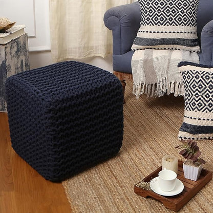 REDEARTH Square Hand Knitted Pouf - Foot Stool Ottoman Coffee Table - Cotton Cord Boho Pouffe - Poof Accent Footrest for Living Room - Bedroom - Library (16" x 16" x 16") - Navy Blue
