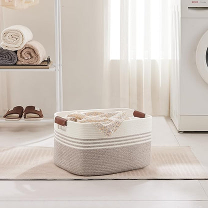 45L Small Laundry Basket with Leather Handles for Living Room Storage, Woven Rope Baskets Bin for Blanket, Kids Toy, Gifts, Wicker Hamper for Bedroom Dirty Clothes, 18"x14"x11" White Brown
