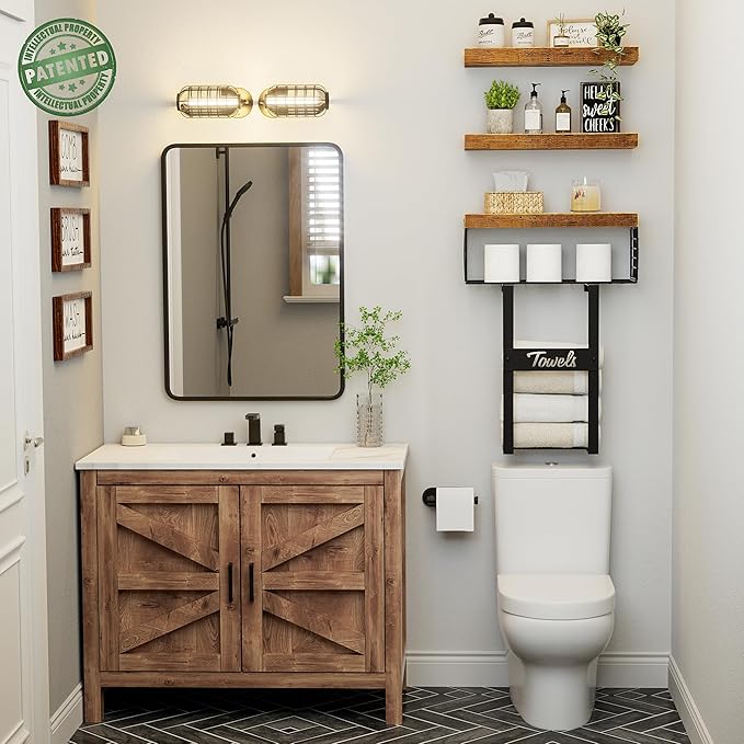 Bathroom Shelves Over Toilet - Floating Shelf for Wall Above Toilet Towels Holder Small Farmhouse Decor Shelves (15.7 inch, Set of 3, Rustic Brown)