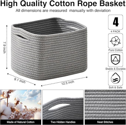 Small Storage Baskets for Shelves Organizing, Woven Cotton Rope Baskets for Storage, Book Basket, Decorative Shelf Basket, 12.5"Lx9.1''Wx7.9''H (4 Packs) Grey