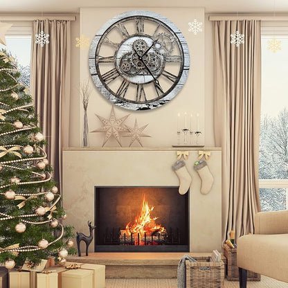 The B-Style Large Wall Clock 24 inch Moving Gear Wall Clock Oversized Vintage Farmhouse Wall Clocks for Living Room Decor Rustic Industrial Wood Clock (Gray and White)