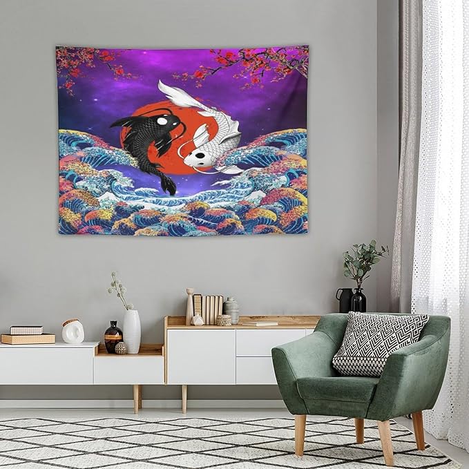 Houselerax Japanese Koi Fish Tapestry, Yin Yang Big Wave Cherry Blossom Tapestries Wall Hanging for Bedroom Living Room Office Decor 40"x30"