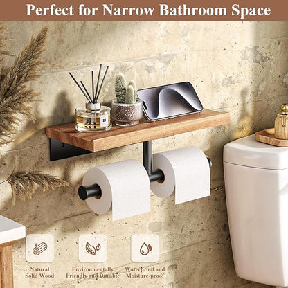Tindbea Double Toilet Paper Holder with Wood Shelf, Wooden Wall Mount Toilet Paper Roll Holder, Matte Black Stainless Steel Bathroom Toilet Tissue Holder (Sapele, Matte Black)
