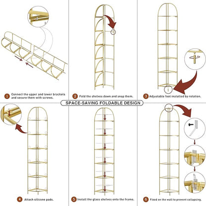 Crofy Foldable 6 Tier Corner Shelf, Metal Corner Plant Stand with Gold Frame and Transparent Shelves, Corner Display Rack Multipurpose Shelving Unit for Living Room, Bedroom, Bathroom