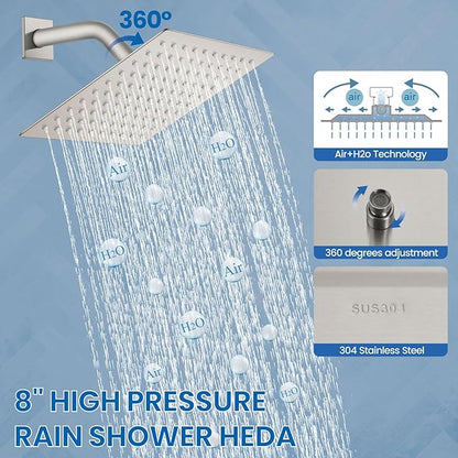 Airuida Shower Faucet Set Bathroom Rain Shower System SUS304 Stainless Steel Single Handle With Male Threads Rough-in Valve Shower Trim Kit 8 Inch Wall Mount Shower Head Brushed Nickel