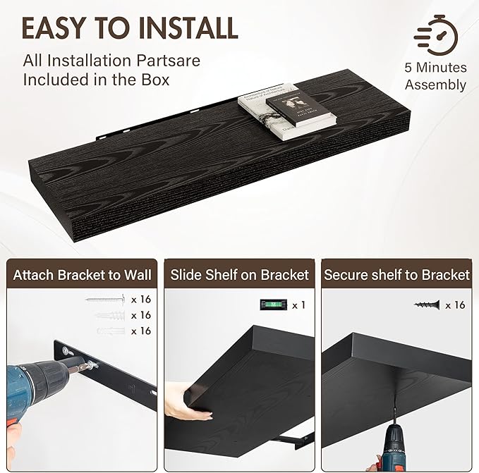 40 Inch Floating Shelves, 12" Deep Floating Shelf Wall Mounted, 40" Wall Shelves, Rustic Deep Bookshelf, Extra Deeper & Thicker Display Shelves for Bedroom, Living Room, Black, Set of 2