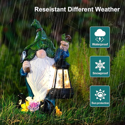 Solar Gnome Garden Figurine Yard Lights with Solar Lights Lantern & Shovel - Outdoor Yard Art Lawn Ornaments for Porch Patio Balcony - Gnome Gifts for Women Mom