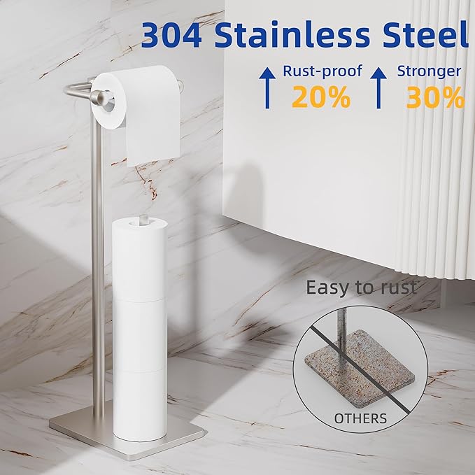 RUACQ Toilet Paper Holder Stand, Bathroom Toilet Paper roll Holder Free Standing with Storage for 4 Rolls, Post Pivoting Design, Stable Weighted Base, SUS304 Stainless Steel (Brushed Nickel)