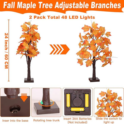 2 Pack 24 Inch Prelit Fall Maple Tree Fall Decor with 48 LEDs Timer Battery Operated Artificial Fall Light Up Tree Maple Acorn for Fall Thanksgiving Decorations Table Home Office Indoor Autumn Harvest