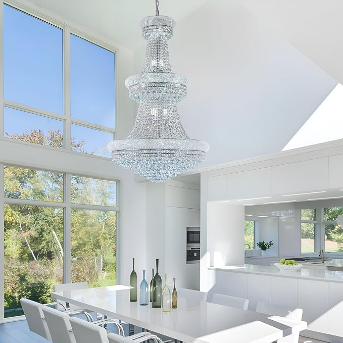 31 - Light Large Empire Crystal Chandelier for High Ceiling Foyer Entryway Staircase Living Room Dining Room Chrome Finish