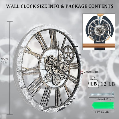 HOIBAI Large Wall Clock, Wall Clocks for Living Room Decor 36 Inch Farmhouse Vintage Rustic Kitchen Wall Decor Vintage Roman Oversized Wall Clock for Home Bedroom House, Moving Gears Clock