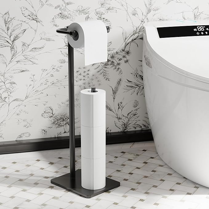 RUACQ Toilet Paper Holder Stand, Bathroom Toilet Paper roll Holder Free Standing with Storage for 4 Rolls, Post Pivoting Design, Stable Weighted Base, SUS304 Stainless Steel (Matte Black)