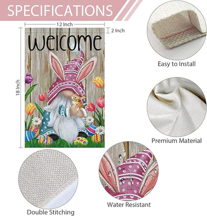Welcome Easter Gnome Garden Flag 12x18 Double Sided Burlap, Funny Bunny Floral Small Yard Flag Banner for Holiday Farmhouse Outdoor Decor (ONLY FLAG)