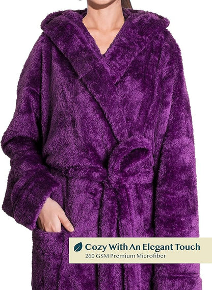 PAVILIA Women Hooded Plush Soft Robe | Fluffy Warm Fleece Sherpa Shaggy Bathrobe
