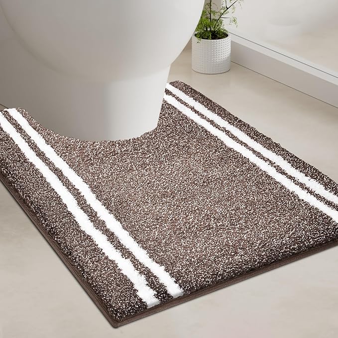 PURRUGS Bathroom Rug Non-Slip Machine Washable 20" x 24" U-Shaped, Super Absorbent and Quick Dry Shaggy Microfiber Bath Mat, Extra Soft and Plush Contour Rug for Toilet Base, Brown