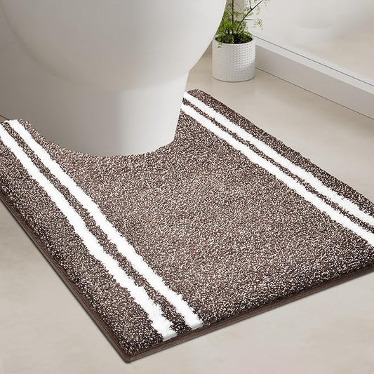 PURRUGS Bathroom Rug Non-Slip Machine Washable 20" x 24" U-Shaped, Super Absorbent and Quick Dry Shaggy Microfiber Bath Mat, Extra Soft and Plush Contour Rug for Toilet Base, Brown