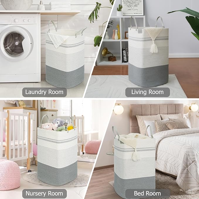 danpinera 100L Nursery Hamper, Tall Woven Laundry Basket with Long Leather Handles, Boho Laundry Hamper for Living Room & Bedroom, Eco-friendly & Convenient Decorative Storage Basket White & Gray