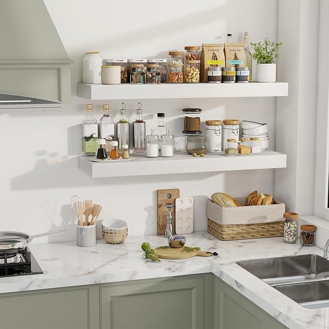 40 Inch Floating Shelves, 12" Deep Floating Shelf Wall Mounted, 40" Wall Shelves, Rustic Deep Bookshelf, Extra Deeper & Thicker Display Shelves for Bedroom, Living Room, White, Set of 2