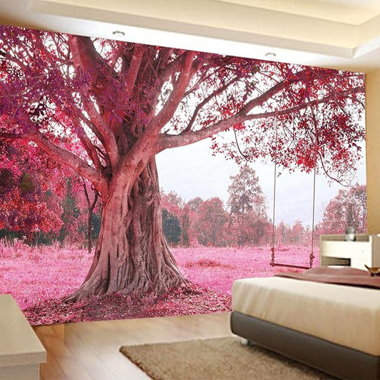 FENDROM Autumn Pink Flower Tapestry Window View Wall Hanging, Nature Forest Floral Trees Garden Scenic Tapestries for Living Room Home Office Dorm