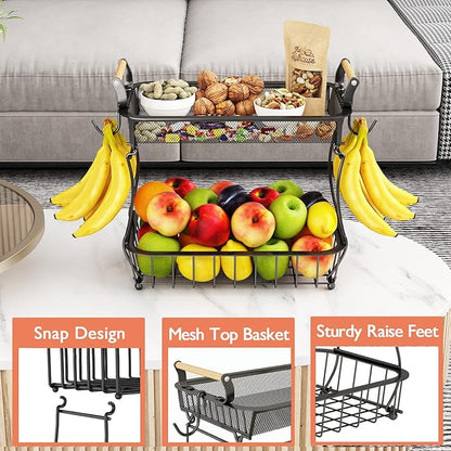 ANTOPY 2 Tier Fruit Basket with 2 Banana Hangers, Countertop Fruit Vegetable Basket Bowl for Kitchen Counter Metal Mesh Basket Fruits Stand Produce Holder Organizer for Onion Potato Bread Snack Veggie