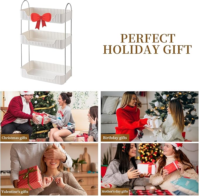 Bathroom Counter Cosmetic Organizer, 3 Tier-Cream White, Alloy Steel & PET Plastic, Rectangular, Tiered, Perfect for Toiletries & Cosmetics