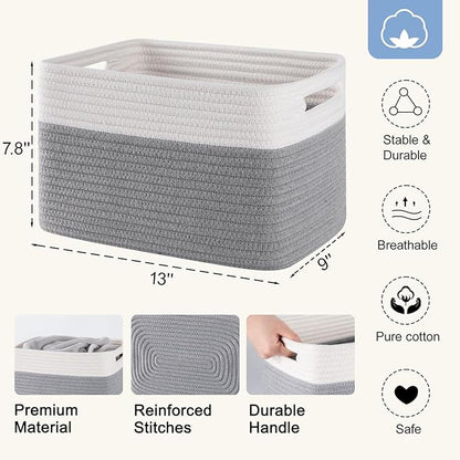 4 Pack Storage Baskets for Organizing, Woven Baskets for Shelves - Perfect for Toys, Books, Towels, and Clothes, Durable Gift Basket Bins Toy Storage, 12.7''L x9''W x7.8''H, Grey and White