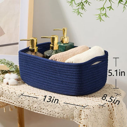 Small Storage Baskets for Organizing | Closet Organizer Bins | Shelf Toy Basket | Woven Rope Baskets | Cube Decorative Box | Shallow Basket | 13x8.5x5.1” | 4 Packs Navy Blue