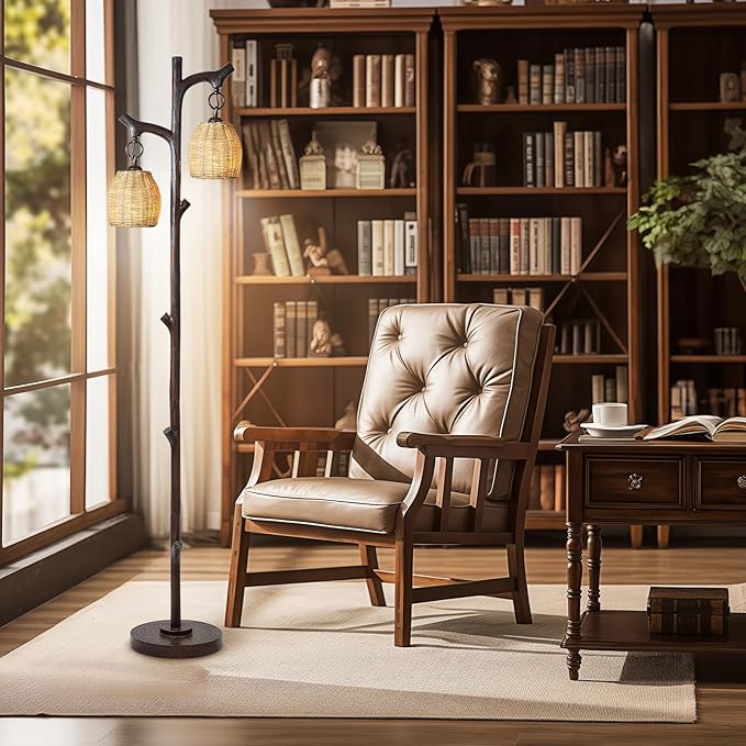 68" High Farmhouse Rustic Country Cottage Floor Lamp Tree Trunk Faux Wood Column Dark Bronze Wicker Drum Shade Decor for Living Room Bedroom Reading Room