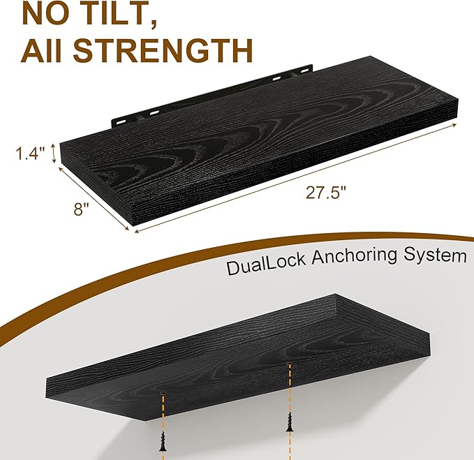 Black Floating Shelves for Wall, 27.5 Inch Bathroom Shelves Set of 2, Rustic Wood Wall Shelf with Invisible Brackets for Books|Storage|Decor, 8 Inch Deep Floating Shelf for Bedroom|Kitchen