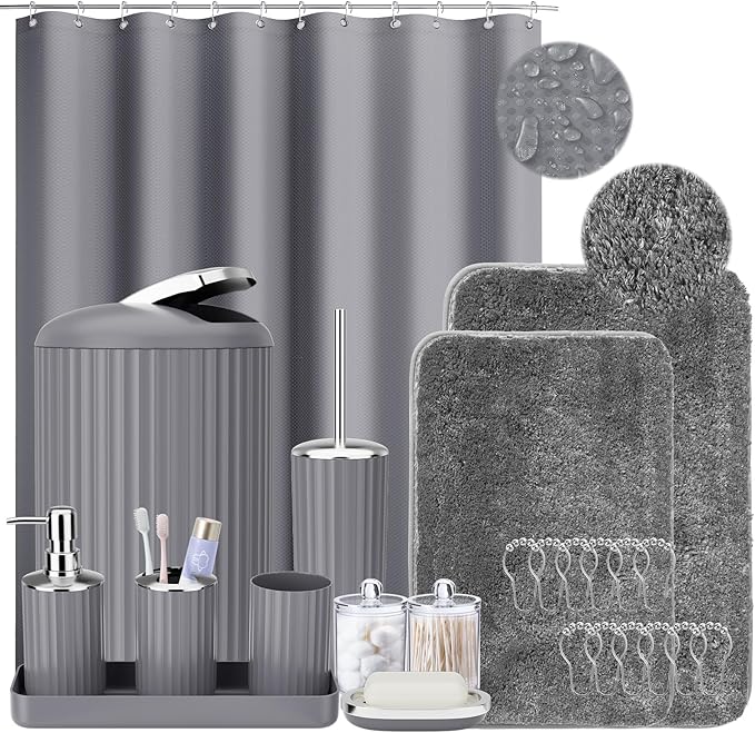 24 PCS Gray Bathroom Accessories Set with Shower Curtain and Rugs, Bathroom Sets with Extra Soft and Absorbent Bath Rugs Shower Curtain Bathroom Accessory for Bath