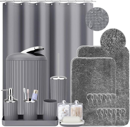 24 PCS Gray Bathroom Accessories Set with Shower Curtain and Rugs, Bathroom Sets with Extra Soft and Absorbent Bath Rugs Shower Curtain Bathroom Accessory for Bath