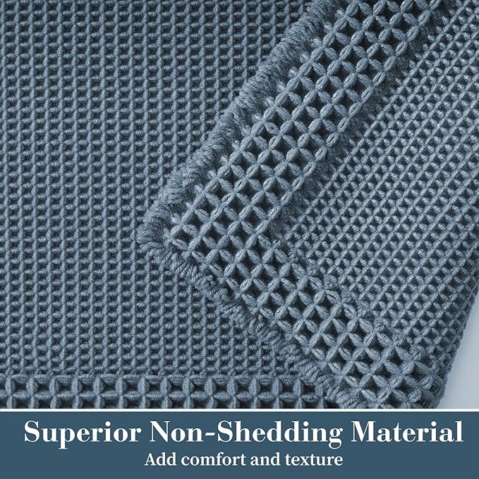 RESARE Waffle Bath Rug for Bath, Super Absorbent Non Slip Machine Washable, Ultra Soft Boho Rug with Tassels, Upgraded Design, 18"x30" Blue