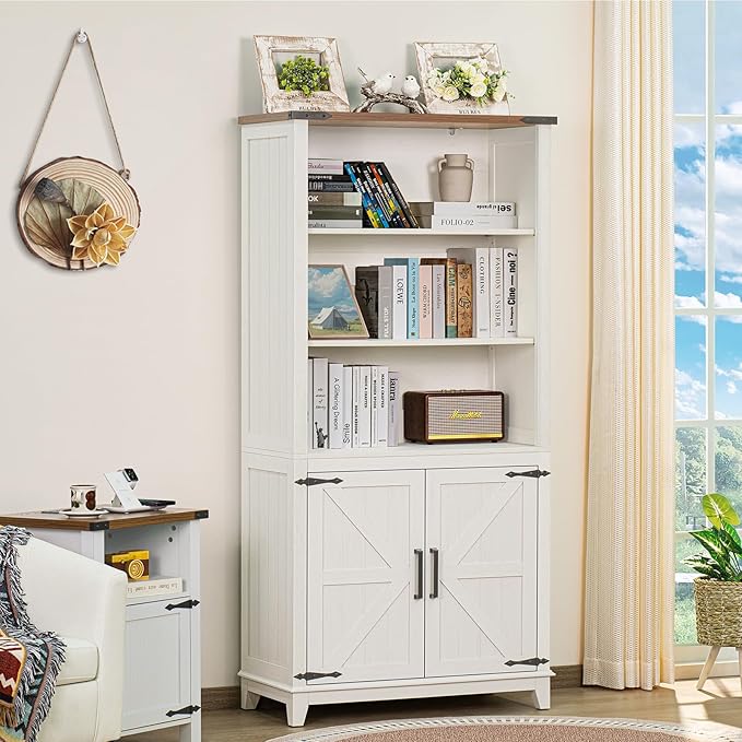5 Tier Bookshelf 70in Tall Bookcase with Barn Doors and Storage Cabinet, White Farmhouse Book Shelf with Adjustable Shelves, Wood Freestanding Display Bookshelves for Bedroom, Living Room