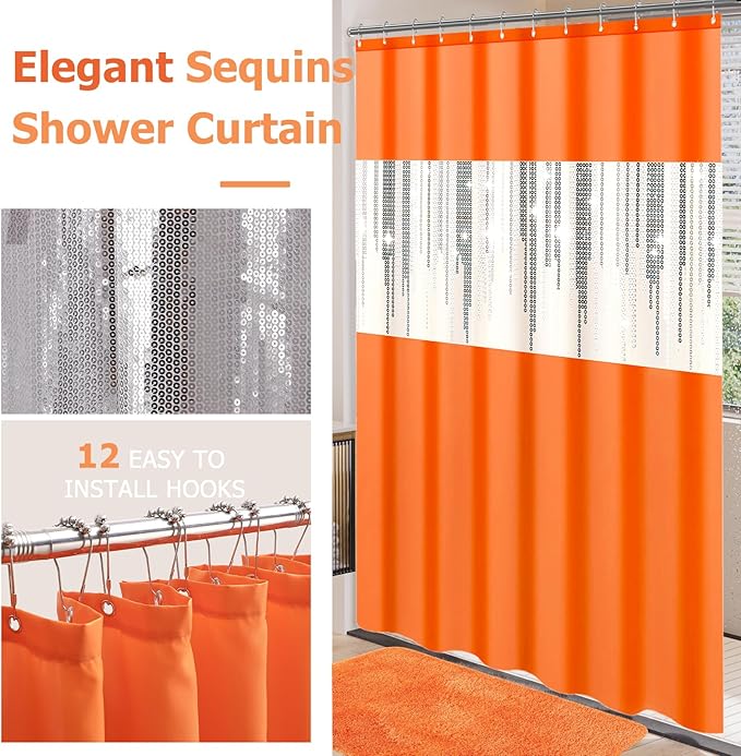 Bathroom Set,Bathroom Sets with Shower Curtain and Rugs Sequin Shower Curtain Set Orange Bathroom Rugs Sets Bathroom Decor