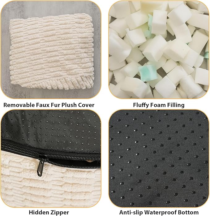 Round Stuffed Pouf Ottoman for Foot Rest, Storage Ottoman Pouf Foot Stool Cushion, Faux Fur Poufs with Foam Chunk Filling, 26 X 18 Inch Floor Chair for Living Room Bedroom Home Decor, Beige