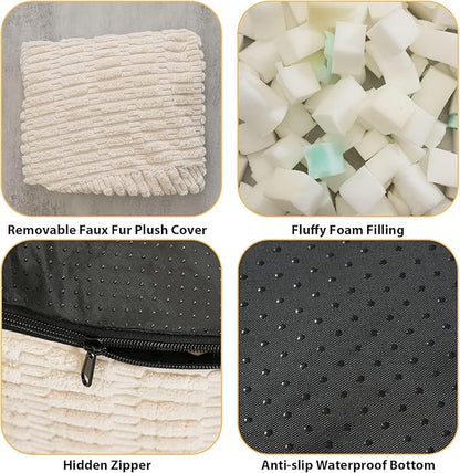 Round Stuffed Pouf Ottoman for Foot Rest, Storage Ottoman Pouf Foot Stool Cushion, Faux Fur Poufs with Foam Chunk Filling, 26 X 18 Inch Floor Chair for Living Room Bedroom Home Decor, Beige